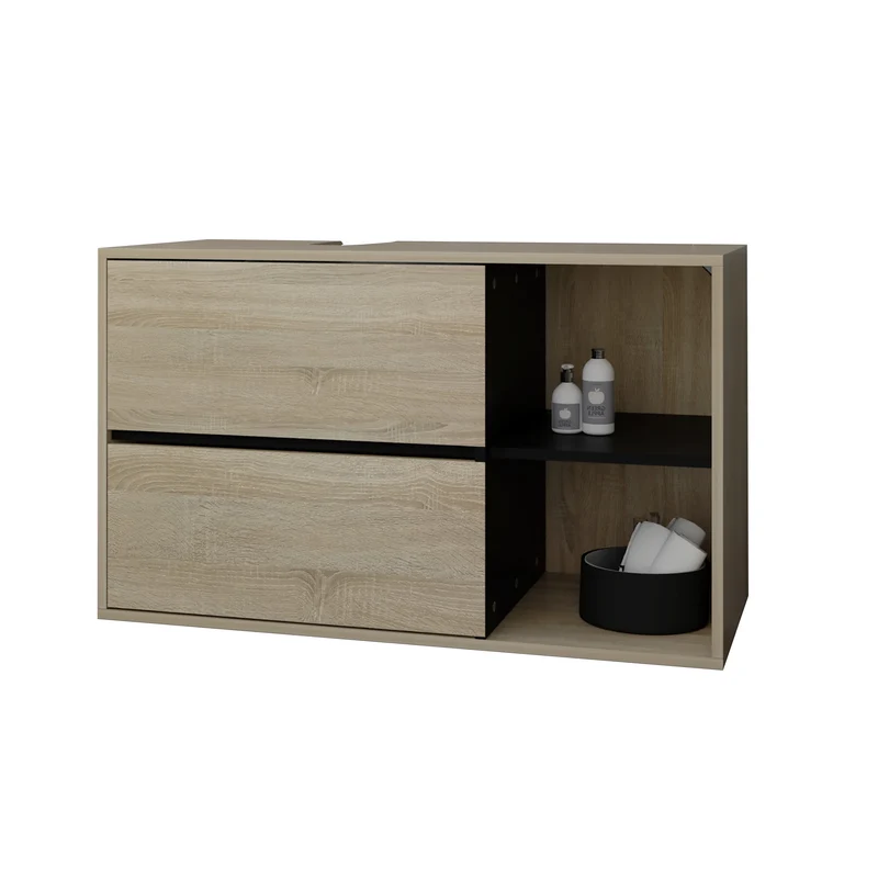 Waschbeckenunterschrank Badezimmerschrank 100x60x45,5 cm mit 2 Schubladen und Ablagen in Braun/Schwarz ML-Design