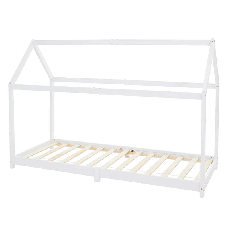 Kinderbett weiß, 200x99x142 cm, aus massivem Kiefernholz, mit Lattenrost und Dach