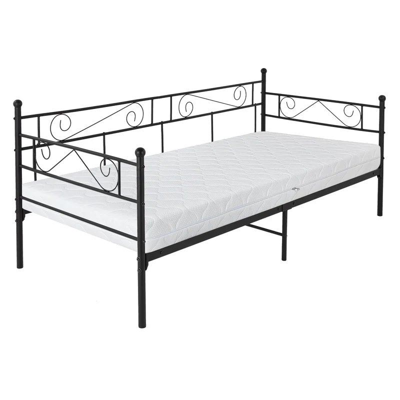 Bettgestell Einzelbett 90x200cm aus Metall in Schwarz mit Lattenrost, Seitenwand & Matratze H-16cm ML-Design