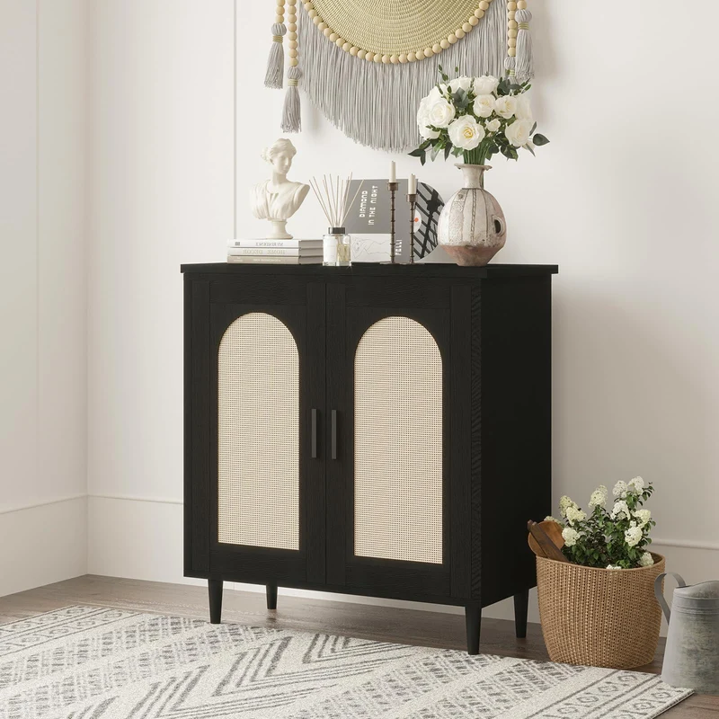 Garvee Leuchte mit 2 Türen, 1er-Set, integrierte Ladestation, Rattanfronten, 120,5 cm, für Wohnzimmer und Esszimmer, Schwarz