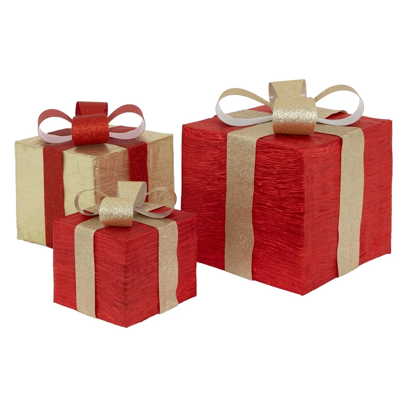 3er Set LED Deko Geschenkbox mit 90 warmweißen LEDs Rot Gold Drahtgestell batteriebetrieben mit Timer