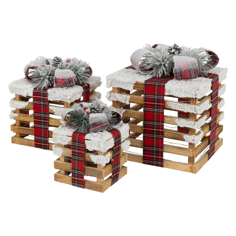 LED Geschenkbox Weihnachtsdeko 3er Set Braun aus Holz batteriebetrieben mit Timer