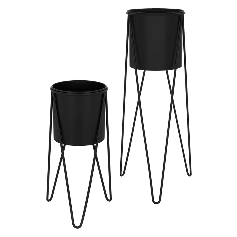 2er Set Blumenständer 27x27x48,5 / 35,5x34x75 cm Schwarz aus Stahl ML-Design