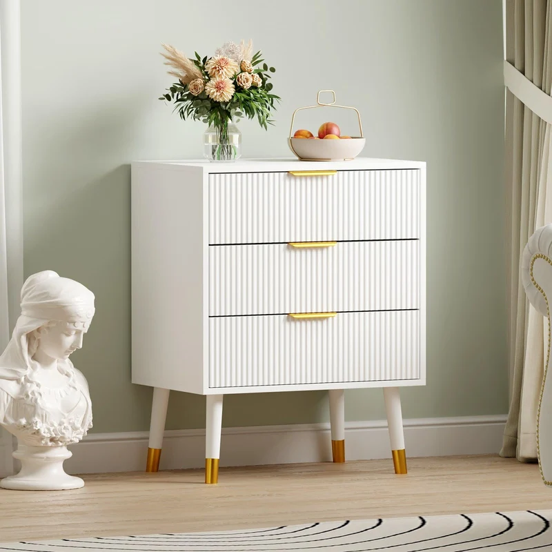 Garvee Kommode mit 3 Schubladen, modernes Rillendesign, Kippschutz, für Schlafzimmer und Wohnzimmer, Weiß