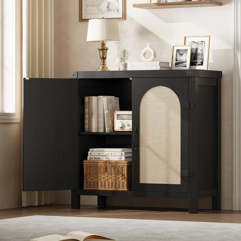 Garvee Sideboard, Rattanfronten, verstellbare Regale, 80 cm, für Wohnzimmer und Esszimmer, Schwarz