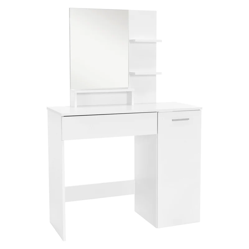 Schminktisch Frisiertisch 90x38x138 cm in Weiß mit Spiegel, Schublade, 3 Ablagen, Schrank & Hocker ML-Design