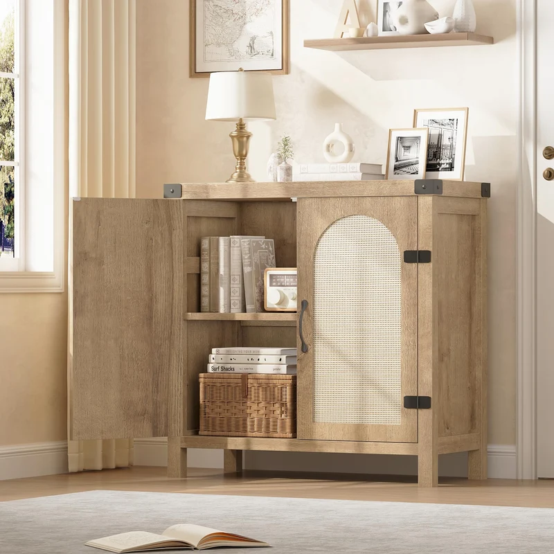 Garvee Sideboard, Rattanfronten, verstellbare Regale, für Wohnzimmer und Esszimmer, Natur