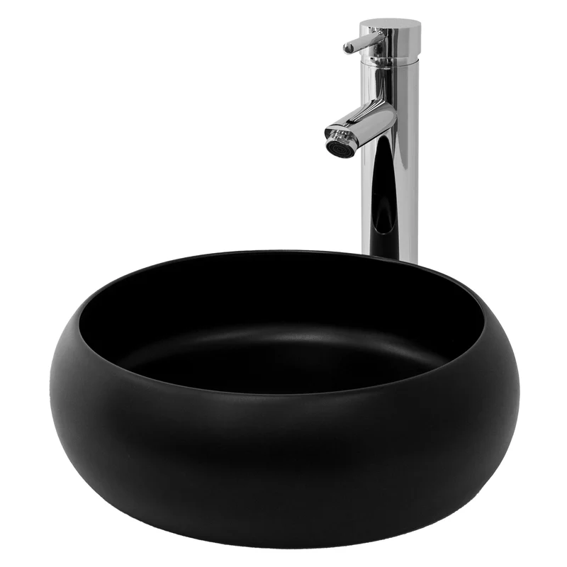 Waschbecken Rund ohne Überlauf Ø 35x12 cm Schwarz aus Keramik LuxeBath
