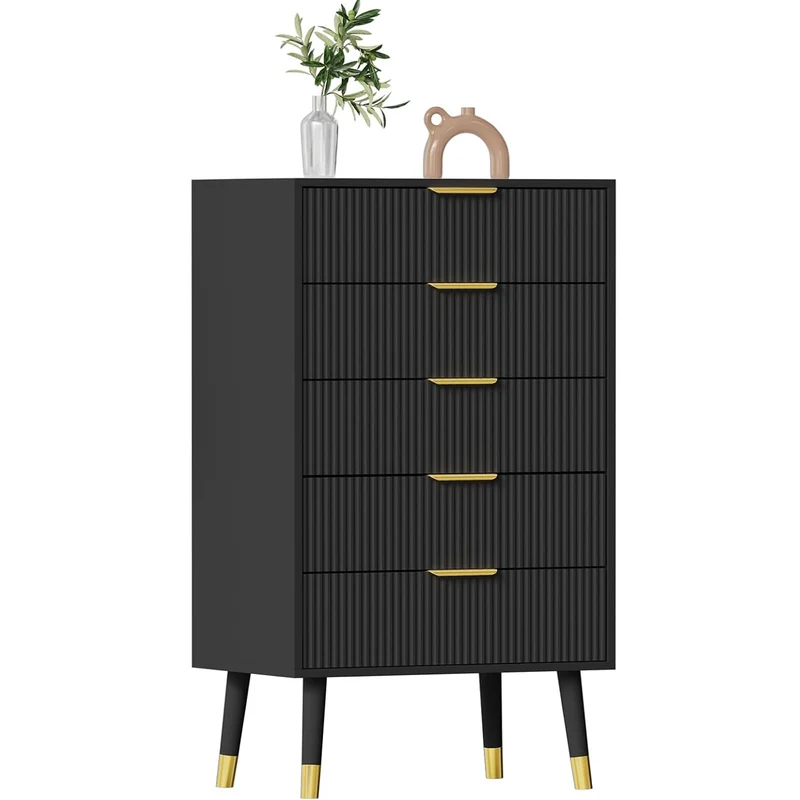 Garvee Kommode mit 5 Schubladen, stabile Metallbeine, Kippschutz, für Schlafzimmer und Wohnzimmer, Schwarz