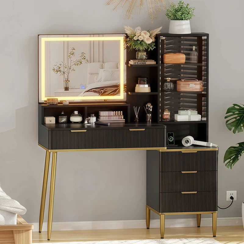 Garvee Fluted Schminktisch Mit Spiegel & LED-Licht, 5 Schubladen, USB-Ladestation, Schwarz-Gold, Schlafzimmer, 45 Zoll