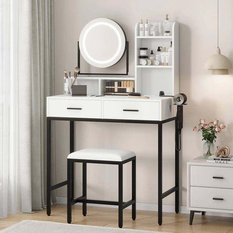 Garvee Große Schminktisch Mit 360° Drehung Beleuchtung Und Hocker Für Schlafzimmer Schwarz-Weiß Modern