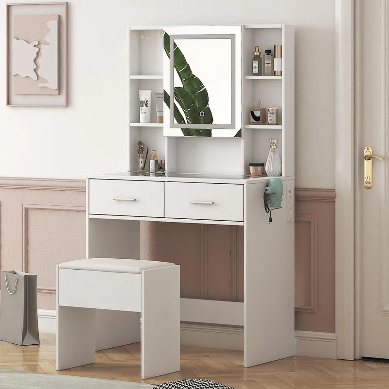 Garvee Coiffeuse Ensemble Mit LED-Spiegel, 2 Schubladen, 4 Regale, Glasplatte, Steckdose, Haartrocknerhalter, Weiß, Modernes Design Für Schlafzimmer