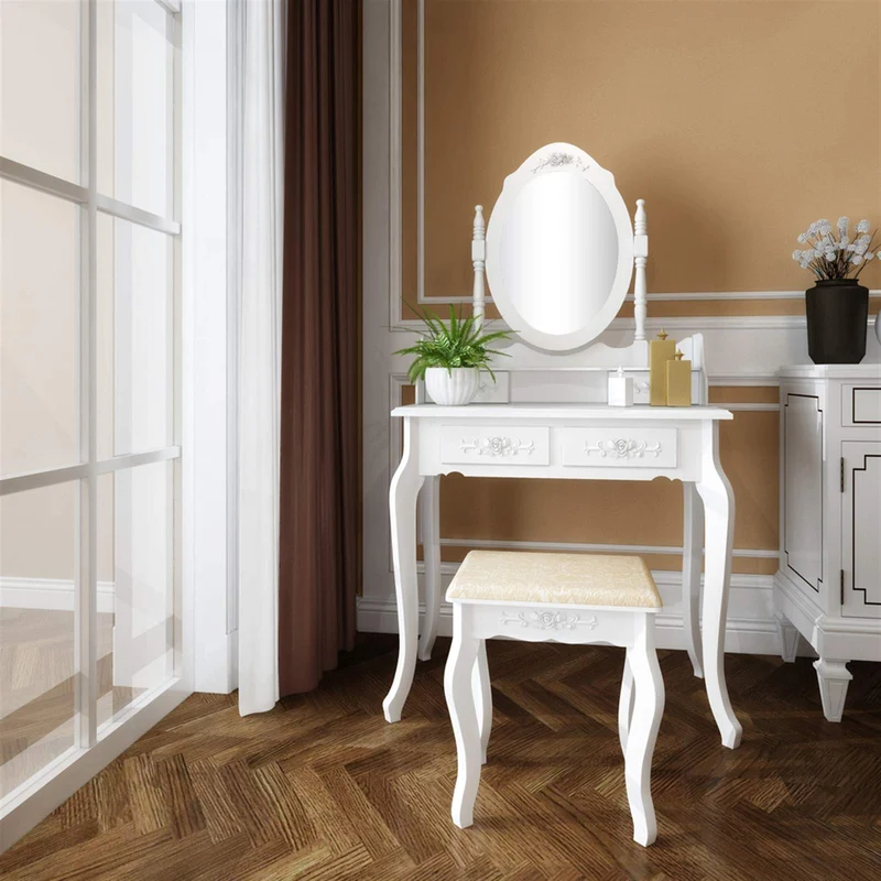 Garvee Schminktisch Mit Hocker, 360° Drehbarer Spiegel, 4 Schubladen, 142.5 cm, Weiß, Schlafzimmer Make-up Tisch