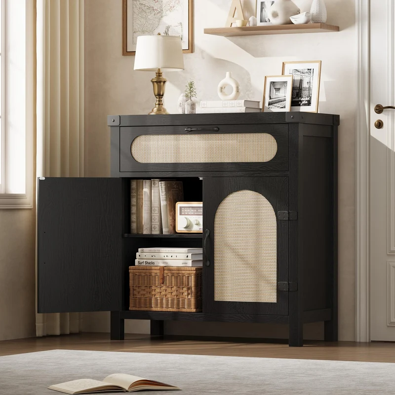 Garvee Sideboard, Rattanfronten, verstellbare Regale, 75,9 cm, für Wohnzimmer und Esszimmer, Schwarz