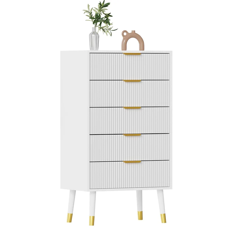 Garvee Kommode mit 5 Schubladen, modernes Rillendesign, für Schlafzimmer und Wohnzimmer, Weiß