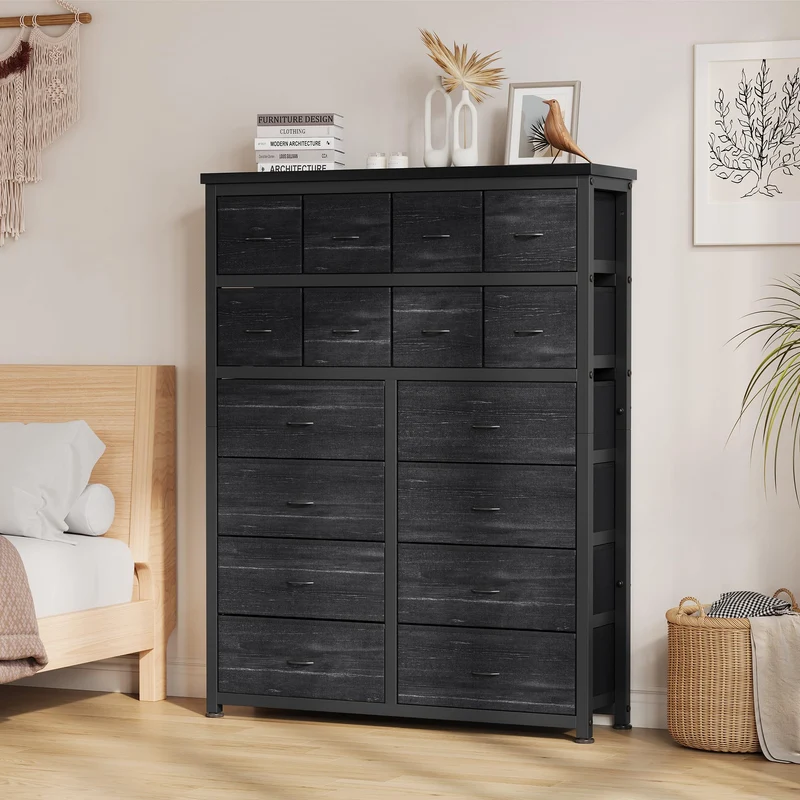 Garvee Leuchte mit 16 Schubladen, Kleiderstange, Stoffschubladen, für Wohnzimmer und Esszimmer, Schwarze Holzmaserung