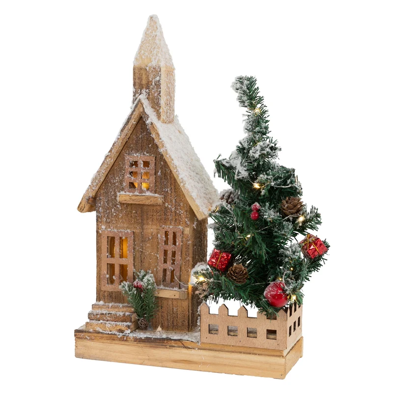 Deko Weihnachtshaus schneebedeckt mit LED Beleuchtung 44 x 27 cm aus Holz