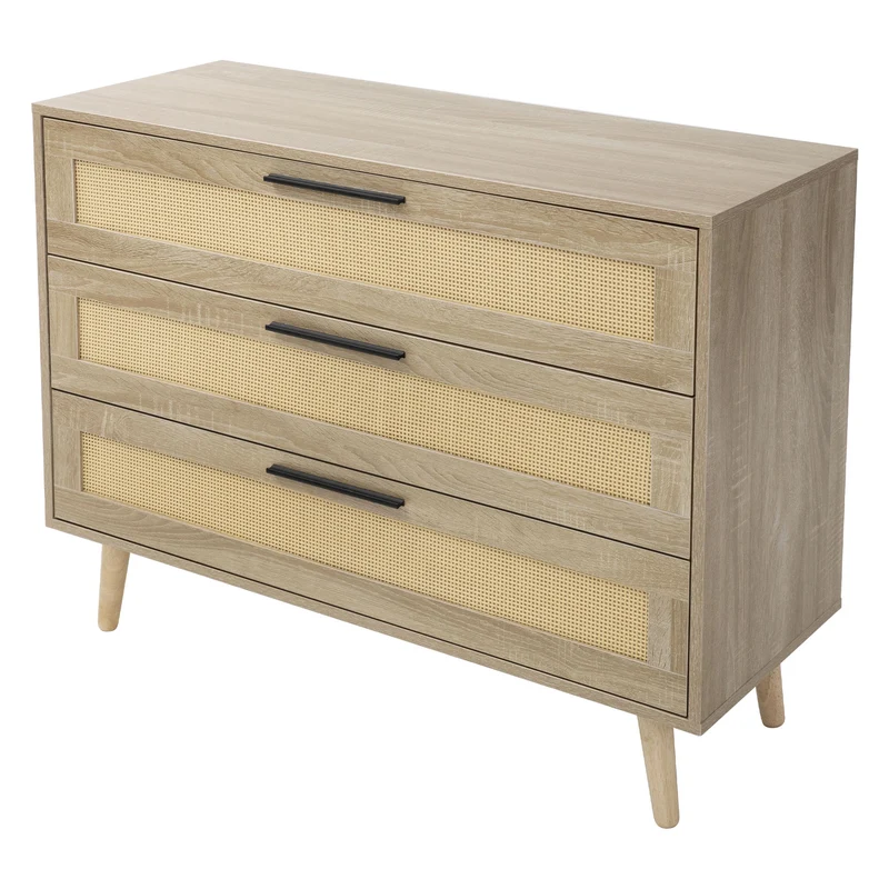 Kommode Sideboard mit 3 Schubladen 100x77x40 cm Eiche-Optik mit Rattanfront und Massivholzfüßen ML-Design