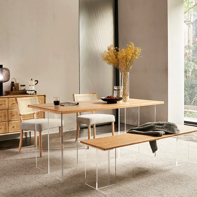 Modern Oak Wood Table for Restaurant Rectangle Dining Table with Acrylic Double Pedestal