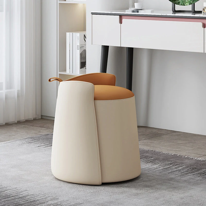 Contemporary Nordic Round Cylinder Microfiber Leather Solid Wood & Plywood Vanity Stool Low Backrest For Bedroom