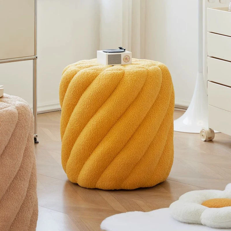 Contemporary Scandinavian Sherpa Fabric Round Vanity Stool For Bedroom