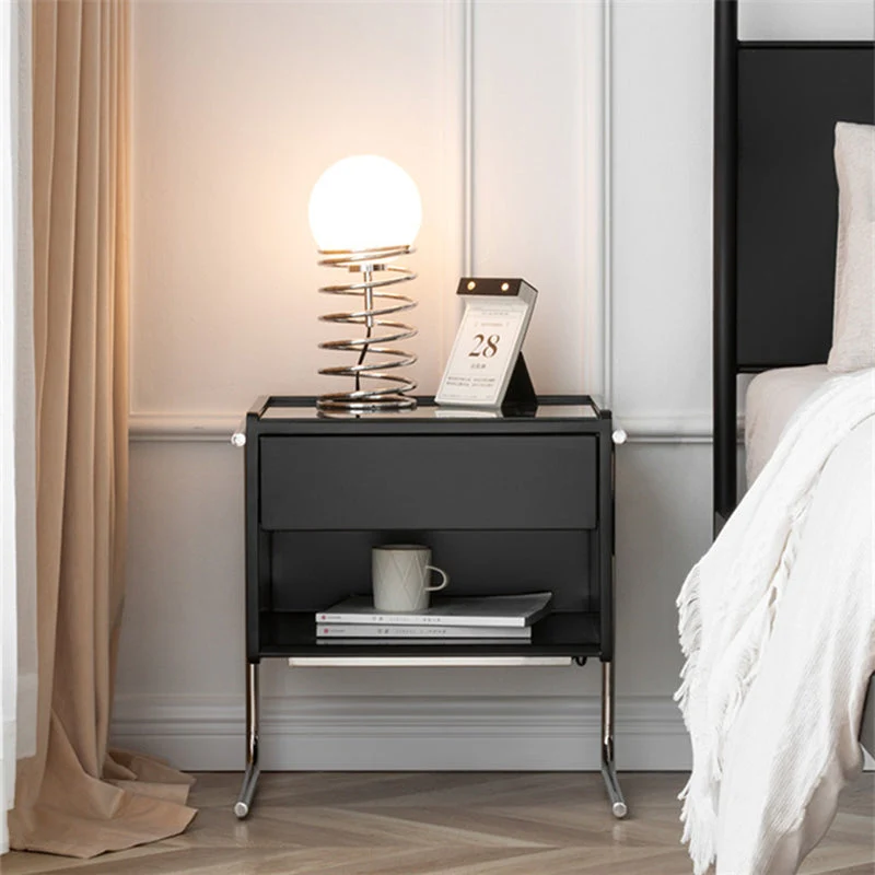 Contemporary Scandinavian Rectangular Oriented Strand Board Stainless Steel Glass Nightstand 1-Drawer For Bedroom