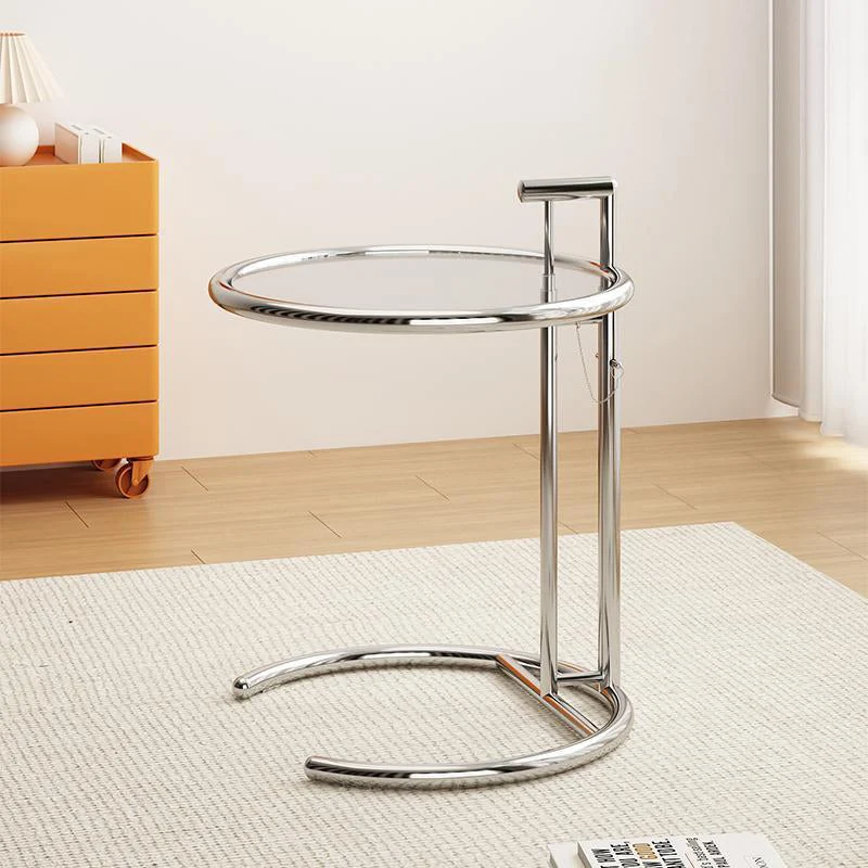 Modern Minimalist Round Tabletop Stainless Steel Tempered Glass Side Table Extendable For Living Room