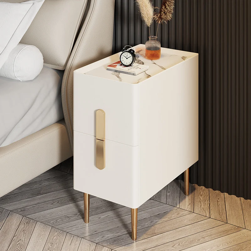 Contemporary Scandinavian Rectangular Tabletop Rock Plate MDF Solid Wood Stainless Steel Nightstand 2-Drawer For Bedroom