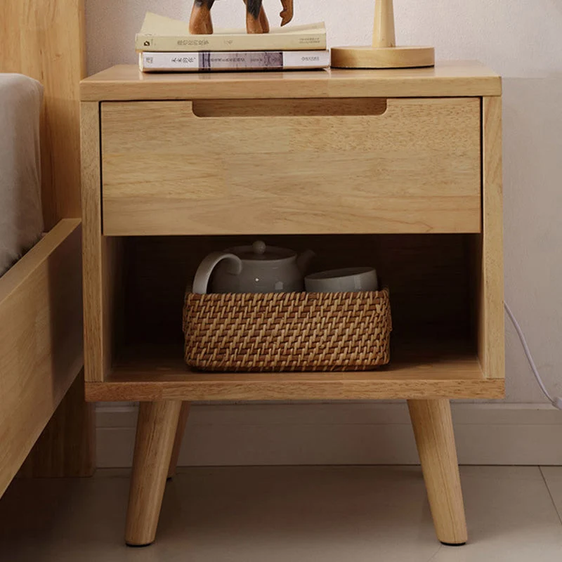 Contemporary Scandinavian Square Tabletop Rubberwood Nightstand 1-Drawer For Bedroom