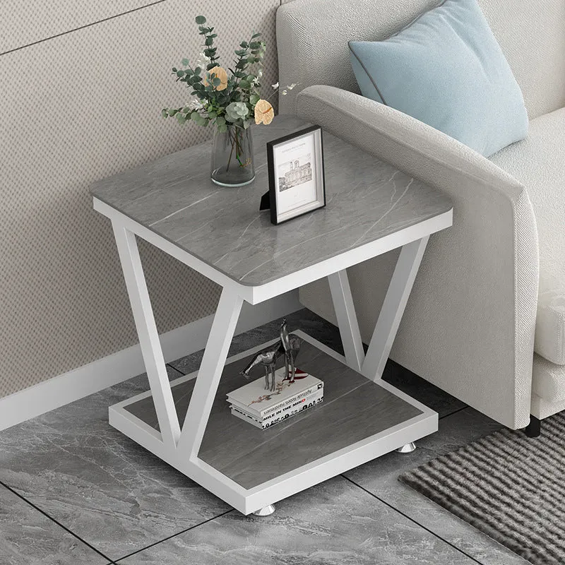 Modern Minimalist Square Sintered Stone Carbon Steel Removable Side Table 2-Tier For Living Room