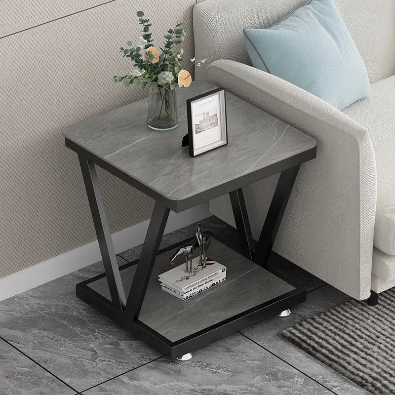 Modern Minimalist Square Sintered Stone Carbon Steel Removable Side Table 2-Tier For Living Room