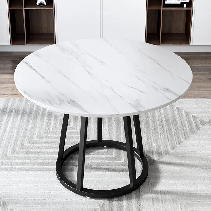 Round Black Iron Base Dining Table Modern Stone Pedestal Table